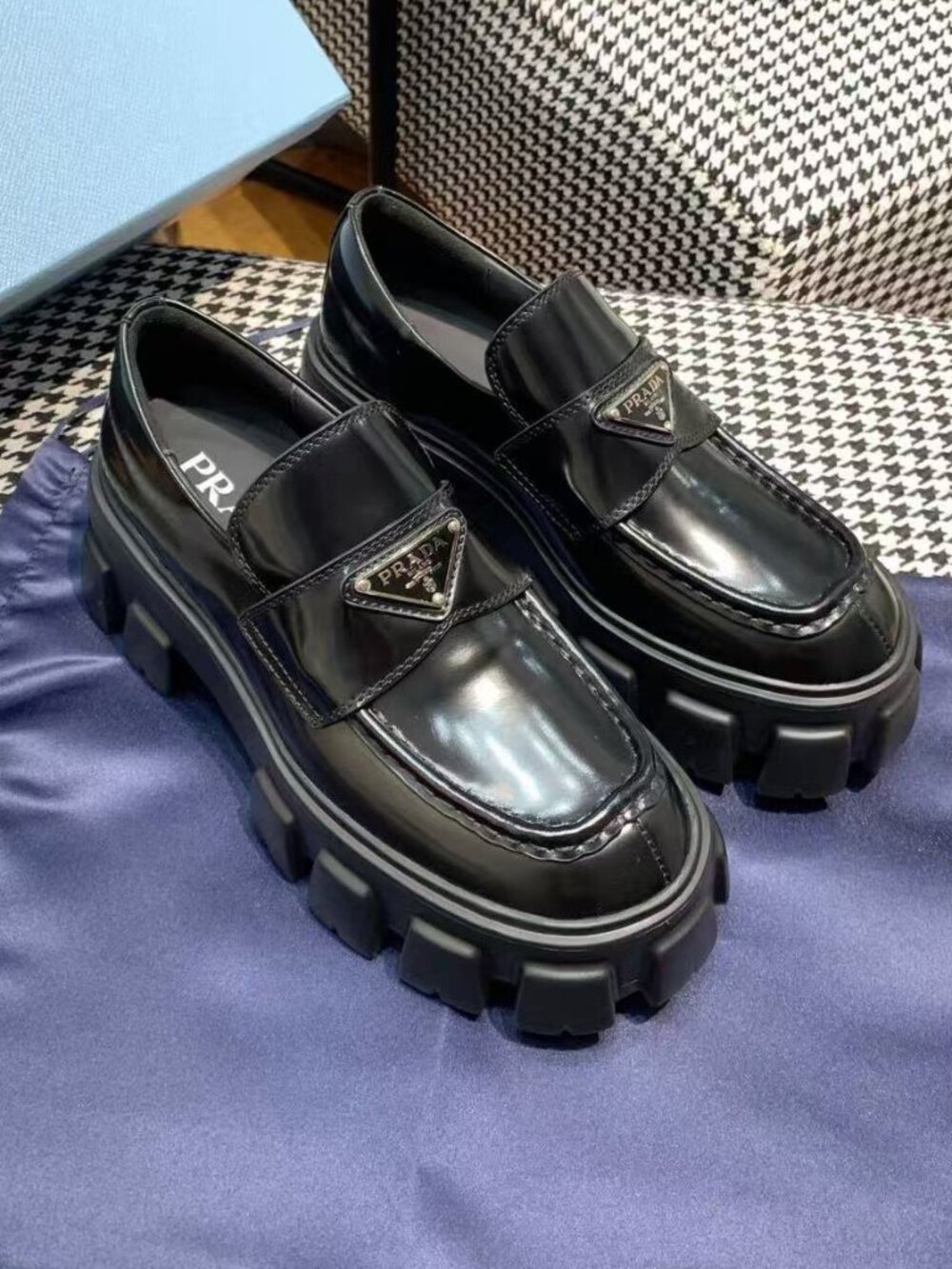 Prada Black Triangle Logo Chunky Lug‑Sole Loafers